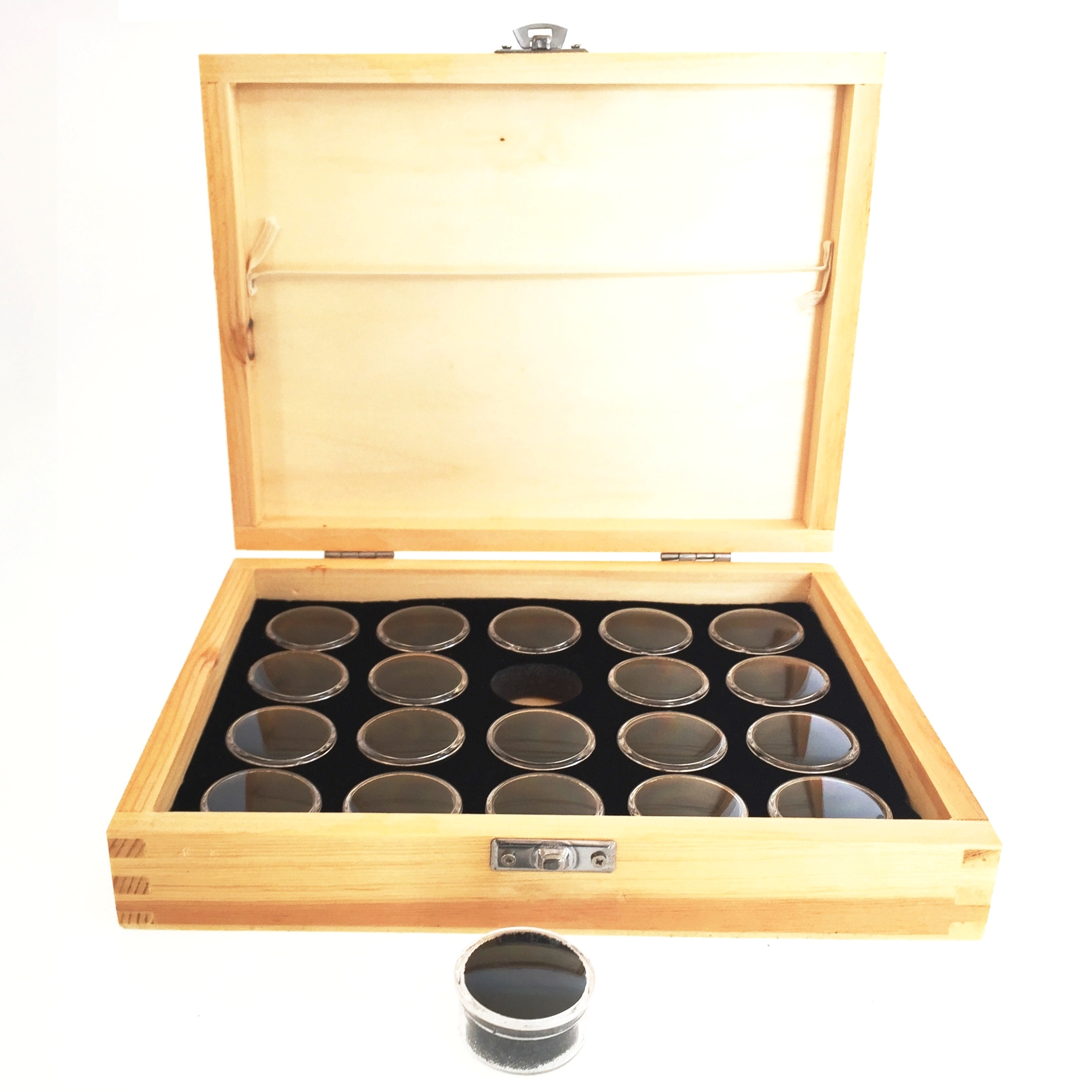 Wooden display box with gem jars